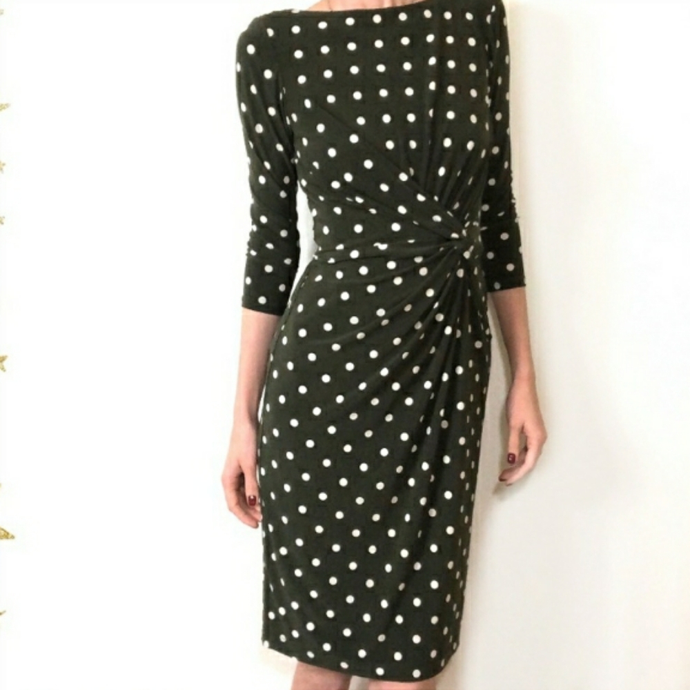 Lauren Ralph Lauren 4 Olive Green White Polka Dot Print Jersey Dress Cowlneck